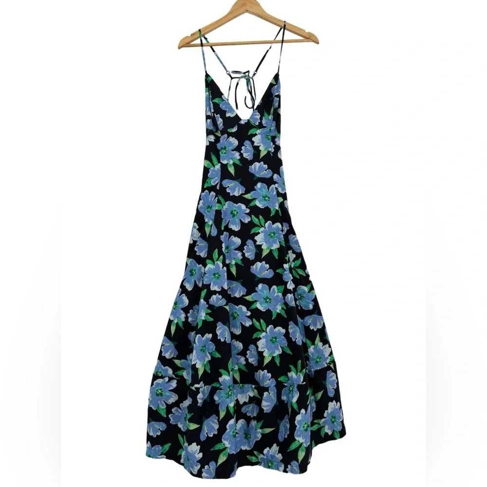 Free People Women’s Finer Things Floral Print A-Line Midi Dress Black Blue Small